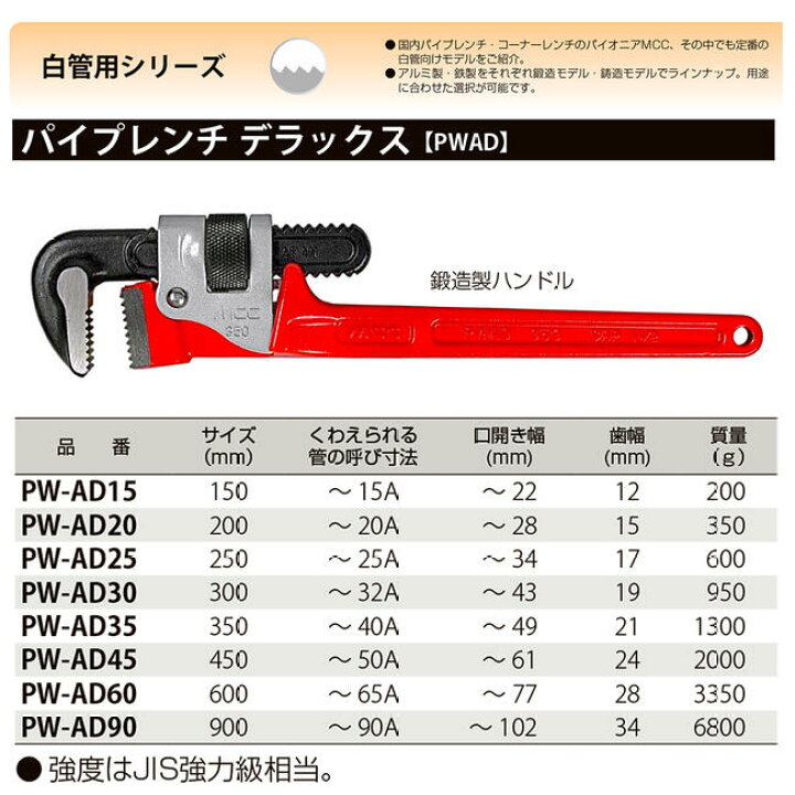 楽天市場】MCC 強力型 パイプレンチデラックス 300mm 最大口開き 43mm 