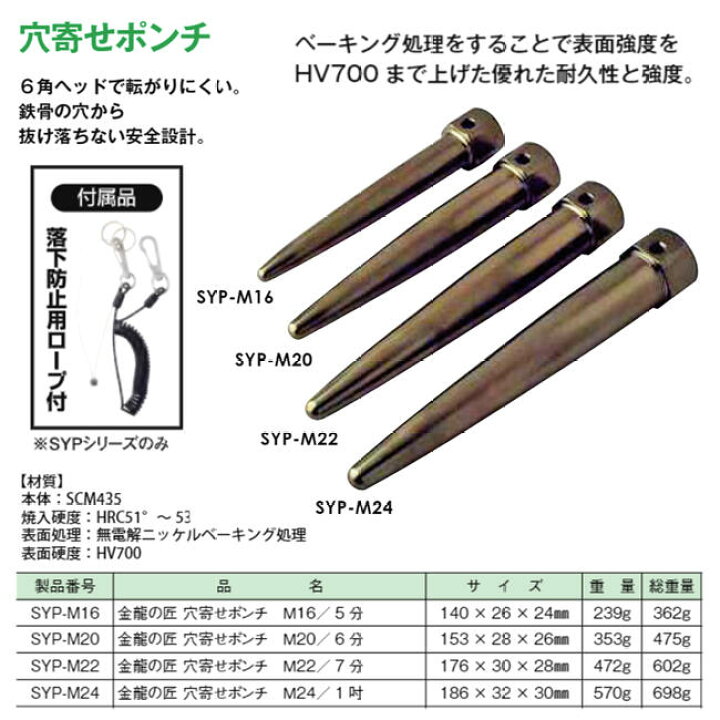 楽天市場】金龍の匠 鉄骨穴寄せポンチ M16 (5分) 落下防止コード 接続 