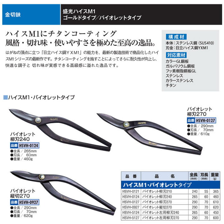 楽天市場】盛光 ハイスM-1 バイオレットチタン仕様 金切鋏 日立ハイス 