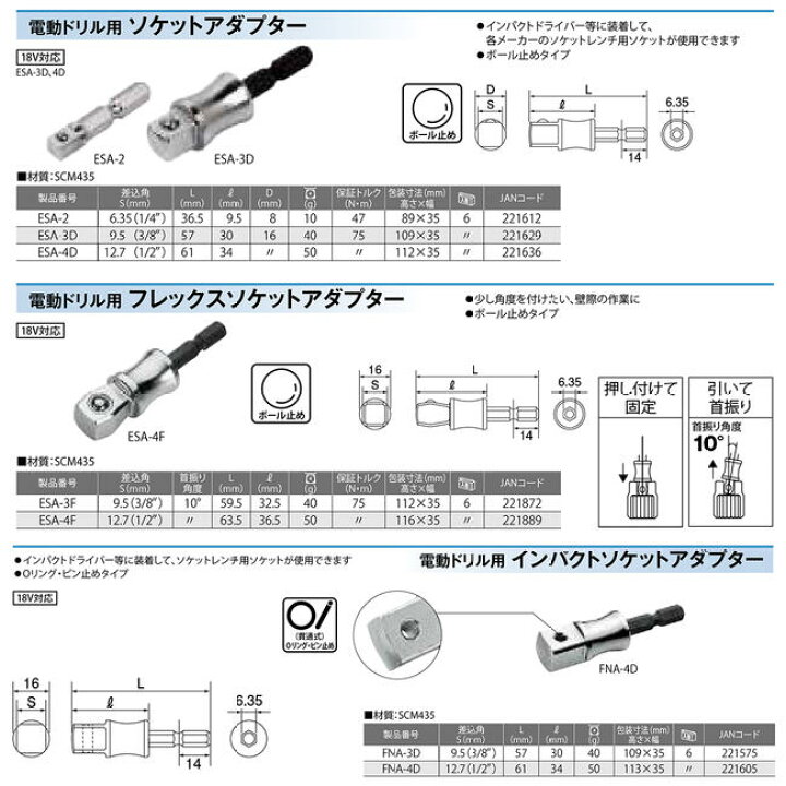 トップ工業 インパクトドライバー用首振りソケットアダプター 凹6.35mm 凸9.5mm 凸12.7mm 変換アダプター ボール止めタイプ  フレックス 電動ドライバー 18V対応 電ドル用 3/8 1/2 日本製 ESA-3F ESA-4F TOP 作業工具の専門店Queen-Bee