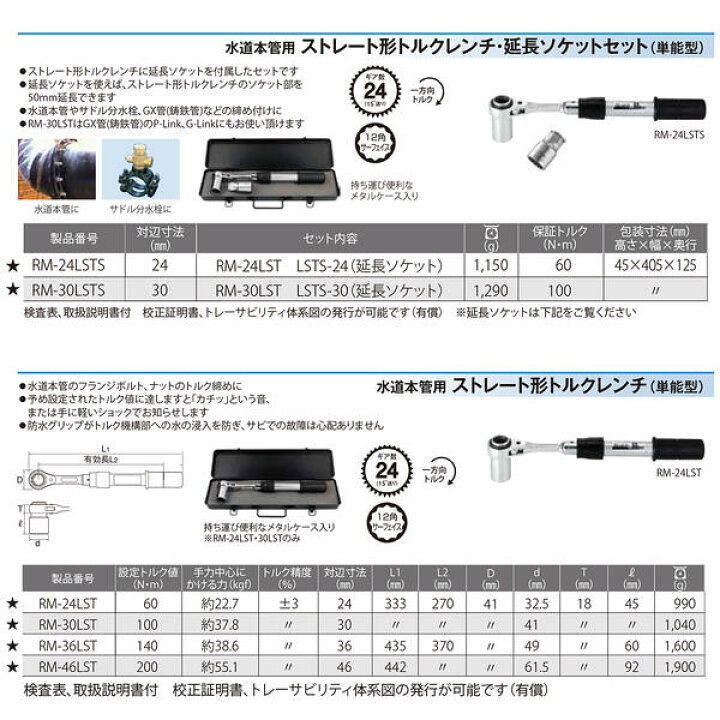 トップ工業 水道本管用 ストレート形 トルクレンチ 24mm 延長ソケット付きセット 単能型 メタルケース付き 水道本管用 狭所作業 配管工具  サドル分水栓 24枚ギア ラチェットレンチ 埋設配管工事 フランジボルト 12角ソケット 日本製 RM-24LSTS TOP  