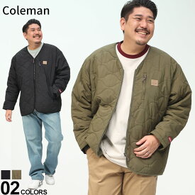 キルトジャケット Coleman コールマン 大きいサイズ メンズ ナイロン ワッシャー キルティング ノーカラー ブルゾン ジップアウター 中綿 黒 緑 ロゴ オーバーサイズ アウトドア ブランド