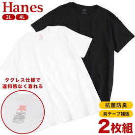 Tシャツ 半袖 アンダー クルーネック メンズ 大きいサイズ 3L 4L 綿100% コットン Hanes (ヘインズ) 2枚セット ホワイト ブラック 抗菌防臭 タグレス コットン 肌着 下着 アンダーシャツ インナー Tシャツ INALL
