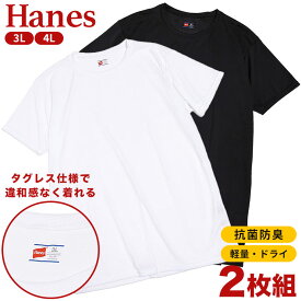 クルーネック 半袖 アンダーTシャツ 3L 4L Hanes (ヘインズ) 2枚セット ホワイト ブラック 抗菌防臭 タグレス メッシュ 大きいサイズ メンズ 肌着 下着 アンダーシャツ インナー Tシャツ
