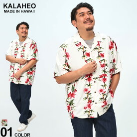 エントリーでさらにポイント+4倍 アロハシャツ KALAHEO カラヘオ ハワイアンシャツ MADE IN HAWAII レーヨン プルメリア柄 オープンカラー トップス 白 大きいサイズ メンズ 半袖 シャツ ボーダーパターン