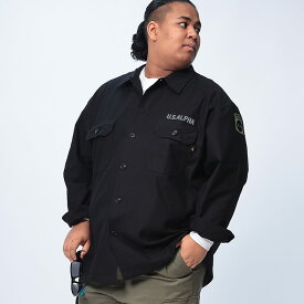 【3Lのみ】ALPHA INDUSTRIES INC アルファインダストリーズ 長袖 シャツ 大きいサイズ メンズ バックデザイン ポケット EMBROIDERY UTILITY SHIRT トップス ミリタリー 3L 4L 5L ブラック