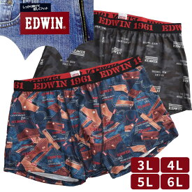 EDWIN エドウィン ボクサーパンツ 大きいサイズ メンズ 立体設計 総柄プリント ベア天 肌着 下着 伸縮 前閉じ プリント ブラック ブルー 3L 4L 5L 6L