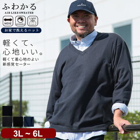 【ポイント5倍】【クーポン利用で最大5000円引き】セーター メンズ 大きいサイズ ニット 長袖 3L 4L 5L 6L カシミヤタッチ Vネック ハイゲージ 12G ふわかる 天竺編み 無地 ウォッシャブル トップス 黒 ビジカジ 通勤 通学 B＆T CLUB サカゼン