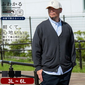 ニット メンズ 大きいサイズ 長袖カーディガン 3L 4L 5L 6L カシミヤタッチ セーター Vネック ハイゲージ 12G ふわかる 天竺編み 無地 ウォッシャブル 襟付きトップス 黒 ビジカジ 通勤 B＆T CLUB サカゼン