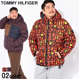 中綿 アウター メンズ 大きいサイズ フード 総柄プリント ジャケット フルジップ ブルゾン 防寒 秋 冬 カジュアル 着回し力 デイリーコーディネート 1XL 2XL オレンジ TOMMY HILFIGER トミーヒルフィガー