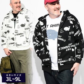 パーカー 長袖 メンズ 大きいサイズ FAT ANIMALS クジラプリント フルジップ ゆったり トップス 総柄 フード ジップパーカー カジュアル B＆T CLUB 3L 4L 5L 6L 7L 8L 9L アイボリー 黒 紺