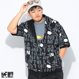 パーカー 半袖 メンズ 大きいサイズ FAT ANIMALS クジラ総柄 フルジップ トップス フード プリント カジュアル アウトドア 春 夏 B＆T CLUB 3L 4L 5L 6L 7L 8L 9L 白 黒