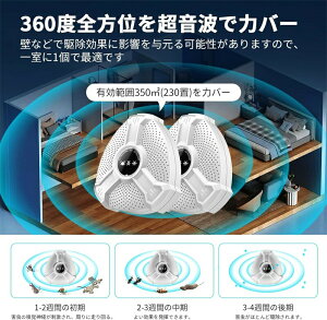 【2個セット】超音波式害獣・害虫対策 強力 ネズミ対策 360°全方位カバー 超音波変則周波数 静音設計 省エネ 害虫駆除 屋内用 ネズミ・ゴキブリ・蚊・クモ・ハエ対策 子供やペットに優しい