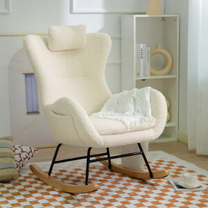 �y20%OFF���}���\���J�n24H�zRocking Chair Nursery, Teddy Upholstered Rocker Glider Chair with High Backrest, Adjustable Headrest & Pocket, Comfy Glider Chair for Nursery, Bedroom, Living Room, Offices, Rubber wood