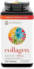 Youtheory コラーゲン 390 粒 Collagen 8種類 アミノ酸 生理活性ペプチド 6000mg コラーゲン配合