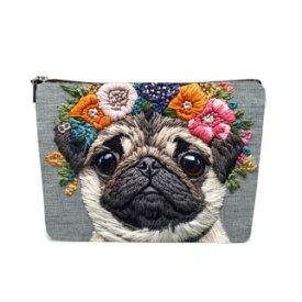 【NO.4】刺繡風プリントポーチ　パグ 　フォーン　pug　犬　イヌ　パグマニア　パググッズ