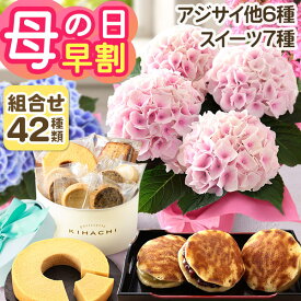 【クーポンで100円OFF】早割実施中！【7種の有名スイーツから選べるセット】母の日 プレゼント 花 ギフト 花とスイーツ セット 鉢植え アジサイ バラ お菓子 キハチ 文明堂 メッセージカード付き ははの日 イベントギフトL 2026 BunBun!Bee