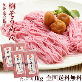 送料無料 お持たせ 手土産 紀州手延べ 梅そうめん たっぷり1kg（250g×4袋）麺に紀州南高梅の梅肉を練り込んだ暑い夏につるっと、さっぱり美味しい素麺！※めんつゆは別売りです内祝い 残暑見舞い