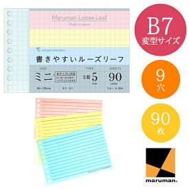 【B7変型サイズ】マルマン 書きやすいルーズリーフ ミニ 5mm方眼罫 3色 90枚 9穴（L1432-99）L143299/maruman