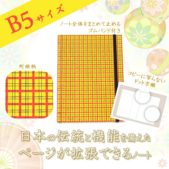 楽天市場 春光園 Wa Notebook Machi Musume Swn 1804 ノートブック 町娘模様柄 和柄 紙 がb4にもなるb5ノート 60p ページが拡張できる ゴムバンド付き コピーに写らないドット方眼 線装本 四つ目綴り 切り離しが楽 本友禅紙 プレゼントやお土産にも最適の和装のノート