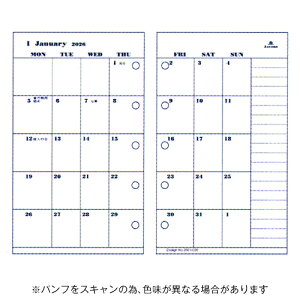【10%OFFクーポン】アシュフォード 2026年版システム手帳リフィル 月間ダイアリー カレンダー式 MICROマイクロ5 月曜始まり メーカー品番2601-026