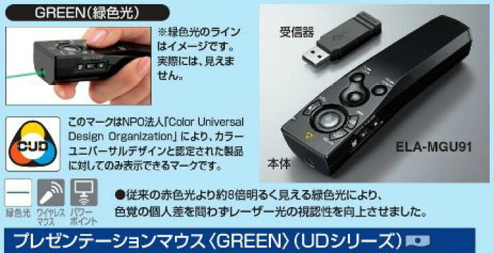再再販 コクヨ 緑色レーザーポインター マウス機能付 UD形状 ELA-MGU91 marinathemoss.com