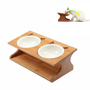 【小型 犬 猫 ペット用フードボウル】ペット食器台 自然木製 陶器お皿 ボウル2個セット 傾斜のあるご飯台 フードボウルスタンド 滑り止め付き ペット腰 関節首の負荷軽減 取り外し可能 保