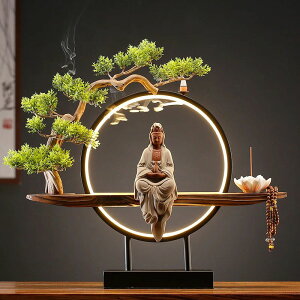 観音像 観世音菩薩 観自在菩薩 仏像 観音菩薩 LEDライト 迎客松 台座 倒流香 香炉 お香ホルダー 流川香 香炉用品 セラミック 置物 開運 風水 ドラゴンボール お香立て 幻想 インテリア 置物