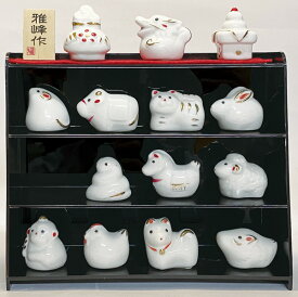 十二支飾り　セット ガラスアート 陶器製 オブジェ 置物 お正月　★開運招福の干支★　縁起の良い置物　迎春　開運【白磁金彩　十二支飾り】