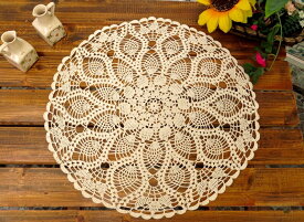 テーブルクロス ラウンド テーブルランナー アンティーク風 円形 テーブルカバー 北欧田園風 花柄 ハンドメイド 透かし編み おしゃれ テーブルクロス ドイリー サークル ベージュ 直径60cm　アンティーク 北欧