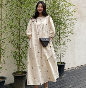 レディース 上品 チュニック ワンピース パフスリーブ ベージュ ピンク ラウンドネック 刺繍 着丈 ロング カジュアルワンピースかわいい フラワー刺繍 Aラインワンピース レディース花柄