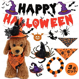 【3点セット】ハロウィン 仮装 ペット用コスチューム 犬 猫 コスプレ 魔法使い 猫 犬 魔法帽子 蜘蛛 カボチャ 首輪 ハロウィン 襟かざり 首かざり 帽子 かぶり物 黒 パープル オレンジ 送料無料