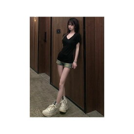 Tシャツ レディース 半袖 Vネック ポリエステル 無地 タイト スリム セクシー トップス ブラック ホワイト クール 接触冷感