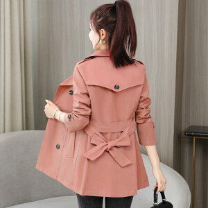 トレンチコート レディース ショート丈 アウター ウエストマーク 韓国 スタイルアップ 小柄 ポリエステル カーキ ダークグリーン オフホワイト ブラック スイセン色 スモーキーグレー シャ