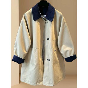 トレンチコート レディース Aライン ゆったりめ 体型カバー 配色 襟付き レトロ 長袖 ポリエステル ミドル丈 アウター カーキ