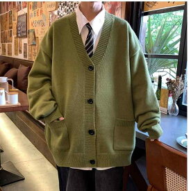 ニットカーディガン メンズ Vネック トップス 長袖 無地 ルーズフィット レトロ 春秋 カジュアル ブラック コーヒー グレー グリーン