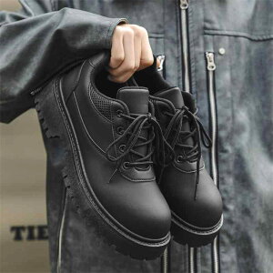 革靴 メンズ 厚底 ワークシューズ レースアップ ラウンドトゥ フェイクレザー ブラック 無地 秋冬 男性用 紳士靴 ローカット
