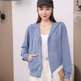 パーカー レディース スリムフィット ジップアップ カーディガン ニット モダール 無地 長袖 フード付き 薄手 日韓スタイル カジュアル 赤 ピンク ベージュ ブラック ブルー カーキ
