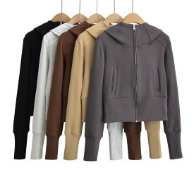 パーカー レディース 秋冬 裏起毛 あったか スリムフィット スタンドカラー ジップアップ ポリエステル 無地 ブラック グレー系 カジュアル 通勤