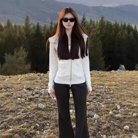 パーカー レディース コットン混紡 長袖 スリムフィット ショート丈 アウター 無地 ジップアップ フーディ 白 グレー 黒 ピンク系 春秋