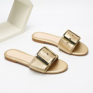 サンダル レディース 婦人靴 フラット ローヒール ゴールド ゴールド メタルバックル 人工皮革 合皮 ぺたんこ スリッパ 滑り止め 普段使い