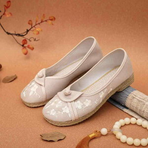 布靴 レディース フラット 花柄 刺繍 ぺたんこ靴 民族風 キャンバス地 スニーカー ローカット ラウンドトゥ スリッポン ゴム底 コットン 春秋 ベージュ