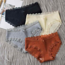パンツ レディース 女性用 下着 ショーツ 日系 コットン レース 通気性 中間ウエスト 三角パンツ ホワイト パープル グレー ブラック ピンク系