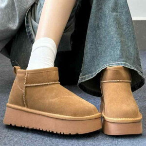 雪地ブーツ レディース 厚底 革 ムートンブーツ ミドル丈 裏起毛 あったか 防寒 滑り止め ラウンドトゥ スノーブーツ カジュアル 秋冬 栗色 米白 ピンク系 ブラック 羚羊棕