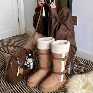 雪地ブーツ レディース 防寒 暖か 厚底 ハイカット ? シープスキン毛 一体型 スノーブーツ 秋冬 ラウンドトゥ 普段使い デイリー カジュアル 栗色
