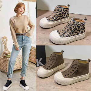 靴 レディース 高? 厚底 レースアップ スニーカー スエード レザー 41 43 秋冬 普段使い カジュアル コーヒー色 黒 ヒョウ柄