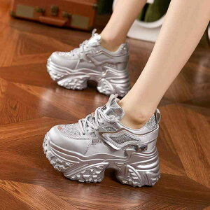 スニーカー レディース 厚底 スニーカー ダッドスニーカー ウォーキングシューズ スポーティー カジュアル 高ヒール 8cm以上 ラインストーン インヒール 美脚 軽量 疲れにくい 白 銀 黒 春夏