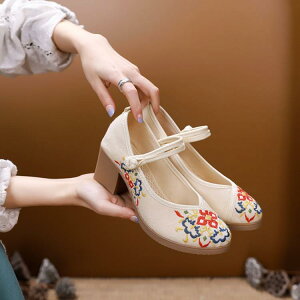 靴 レディース チャイナシューズ 刺繍 厚底 太ヒール ラウンドトゥ 歩きやすい 民族風 エスニック 和風 コスプレ 春夏 秋 布製 普段使い 旅行 ベージュ グリーン