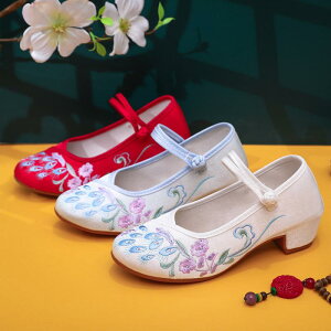 靴 レディース シューズ 民族風 刺繍 チャイナドレス 和風 スクエアヒール 春夏 秋 布靴 花柄 白 赤 水色