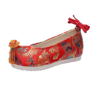 靴 レディース 和風 刺繍 シューズ ウェディング ブライダル ローヒール 紐 春夏 古風 ラウンドトゥ 布 ゴム底 歩きやすい 痛くなりにくい 滑り止め 通気性 普段使い フォーマル 宴会 赤